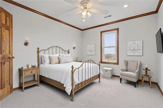 bedroom with crown molding, visible vents, light carpet, ceiling fan, and baseboards