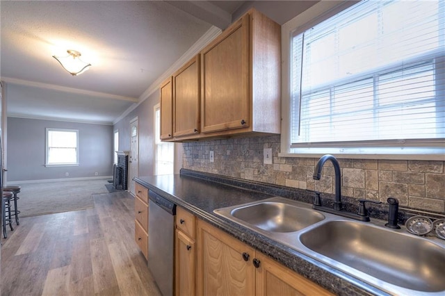 kitchen with sink, light hardwood / wood-style flooring, stainless steel dishwasher, backsplash, and ornamental molding