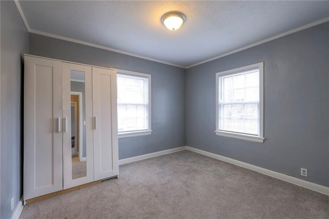 interior space with light carpet, a textured ceiling, and ornamental molding