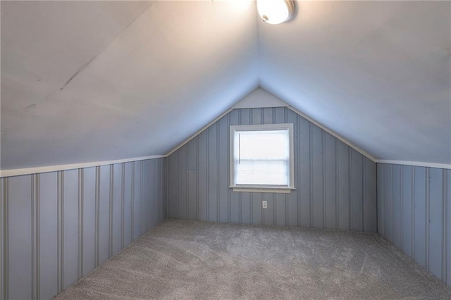 additional living space featuring light colored carpet and lofted ceiling