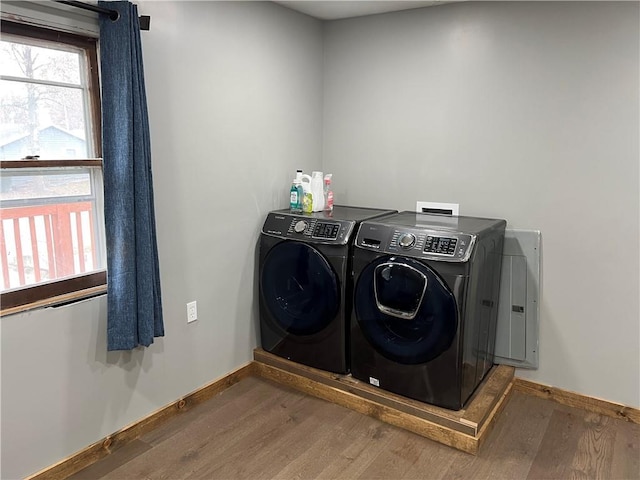 washroom with dark hardwood / wood-style flooring and separate washer and dryer