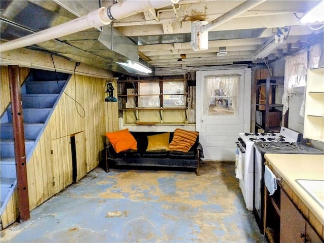 basement featuring sink and wood walls