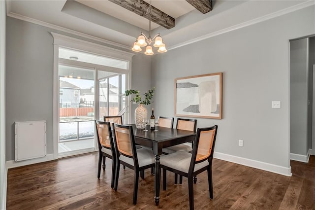 dining space featuring a notable chandelier, dark wood-type flooring, baseboards, ornamental molding, and beam ceiling