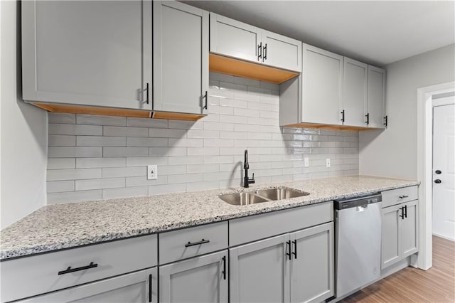 kitchen featuring light stone countertops, sink, dishwasher, decorative backsplash, and light wood-type flooring