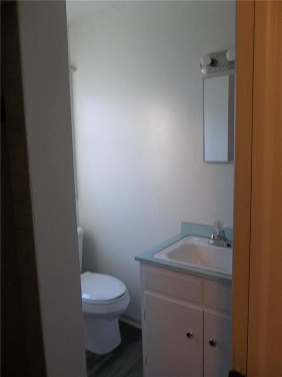 bathroom with hardwood / wood-style floors, vanity, and toilet