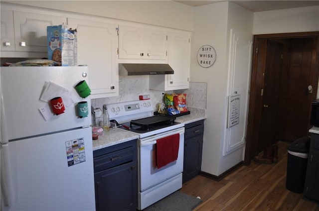 kitchen featuring decorative backsplash, white appliances, extractor fan, dark wood-type flooring, and white cabinetry