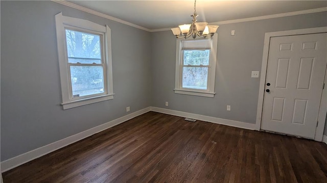 interior space with crown molding, plenty of natural light, dark wood-type flooring, and an inviting chandelier