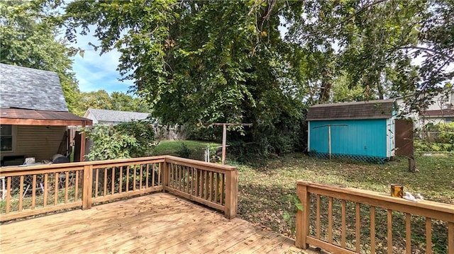 wooden deck featuring a shed