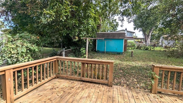 wooden deck with a shed