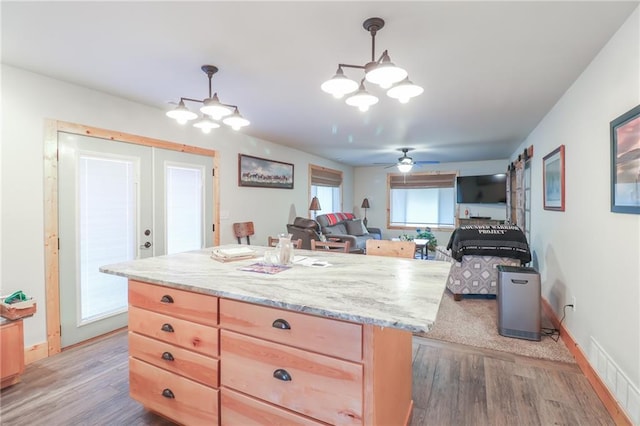 kitchen featuring a healthy amount of sunlight, pendant lighting, and light wood-type flooring