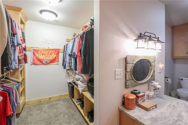 walk in closet featuring carpet flooring