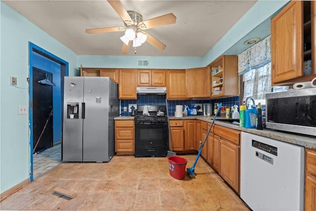 kitchen featuring visible vents, appliances with stainless steel finishes, under cabinet range hood, open shelves, and backsplash