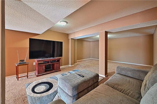 living room with carpet and a textured ceiling