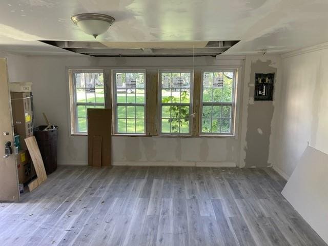 unfurnished room featuring crown molding and light wood-type flooring