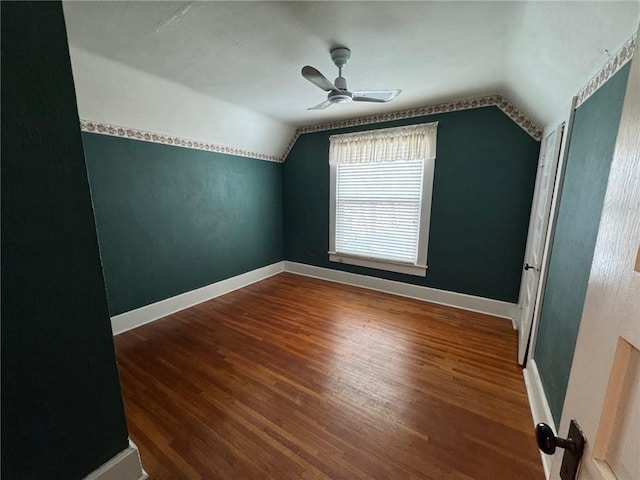 bonus room with ceiling fan, lofted ceiling, and hardwood / wood-style floors