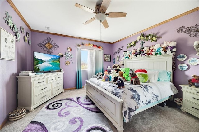 bedroom featuring ceiling fan, crown molding, and light colored carpet