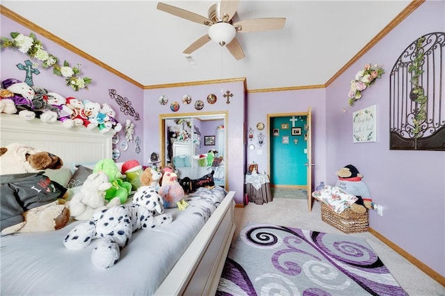 bedroom with ceiling fan, crown molding, and light carpet