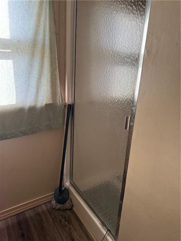 bathroom with hardwood / wood-style flooring and a shower with door