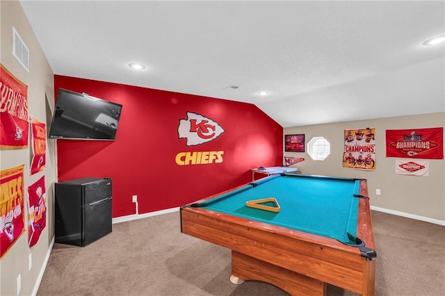 playroom with carpet floors, lofted ceiling, and billiards