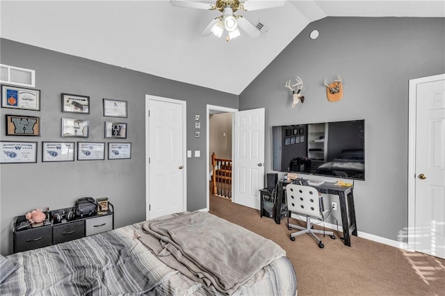 bedroom with carpet, ceiling fan, and vaulted ceiling