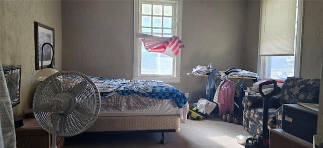 carpeted bedroom featuring multiple windows