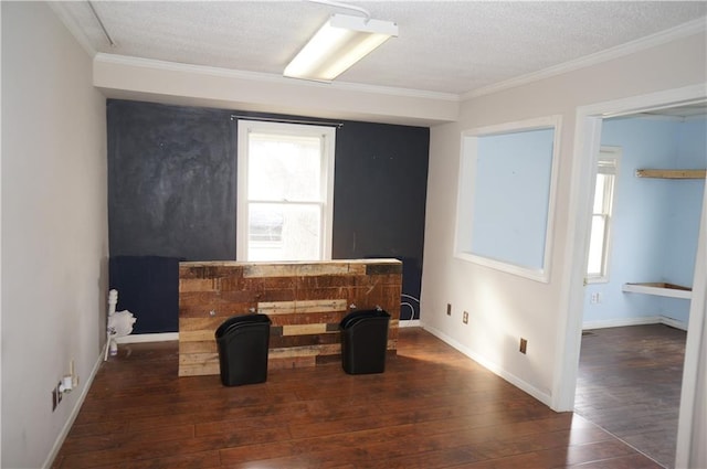 sitting room with crown molding, dark wood-type flooring, and a textured ceiling