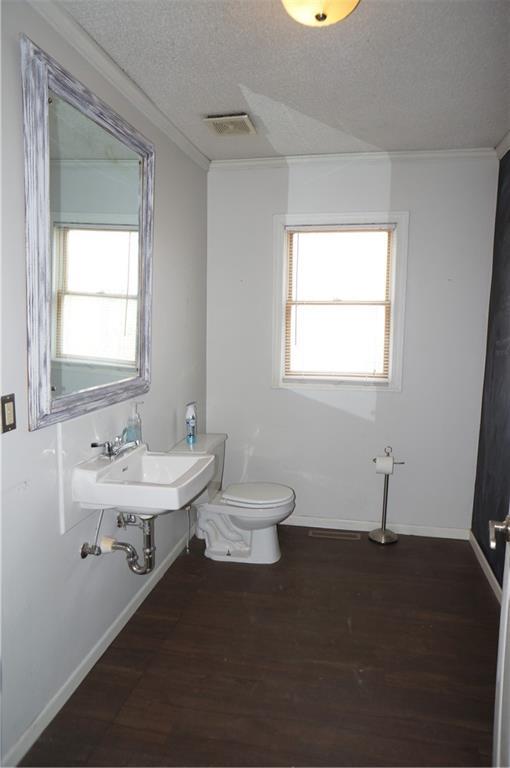 bathroom with a textured ceiling, toilet, a wealth of natural light, and sink