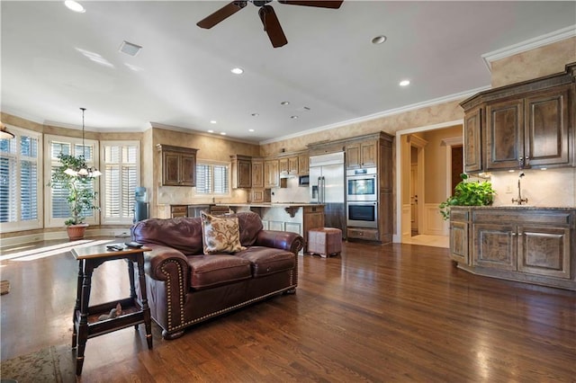 living room featuring ornamental molding, ceiling fan with notable chandelier, dark wood-type flooring, and sink