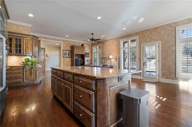 kitchen with crown molding, a kitchen island, dark hardwood / wood-style floors, and ceiling fan