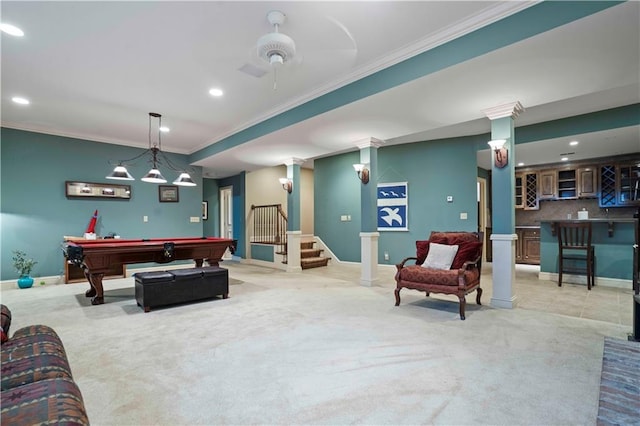 rec room featuring bar, crown molding, pool table, light colored carpet, and decorative columns