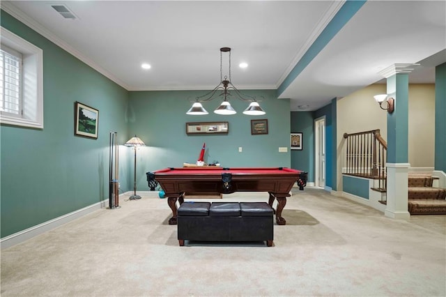 rec room featuring ornate columns, crown molding, light colored carpet, and billiards