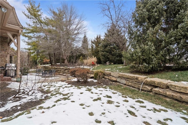 yard layered in snow featuring a patio