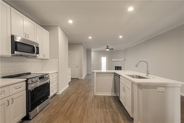 kitchen with appliances with stainless steel finishes, ceiling fan, sink, hardwood / wood-style flooring, and white cabinetry