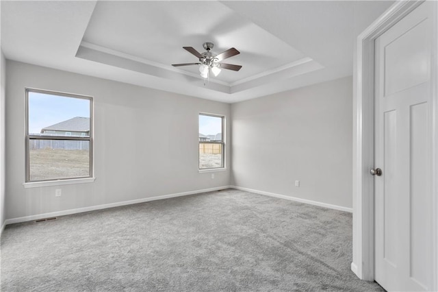 spare room with plenty of natural light, ceiling fan, a raised ceiling, and light colored carpet