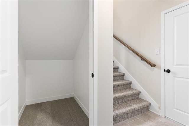 1316 N Holland Ct, Independence, MO 64056 - stairs with vaulted ceiling, baseboards, and carpet flooring