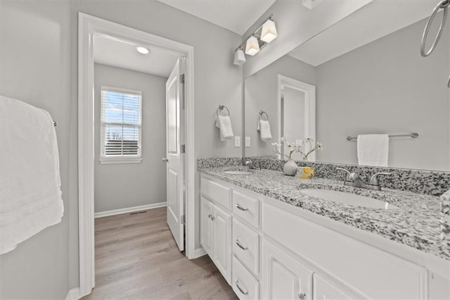 bathroom with vanity and wood-type flooring