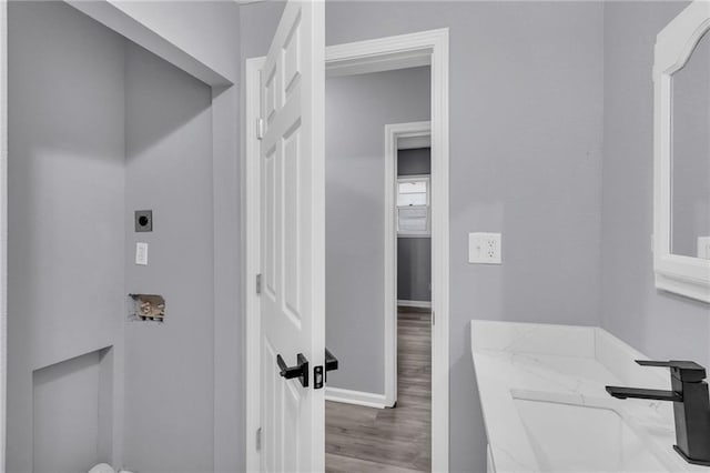 bathroom with hardwood / wood-style flooring and vanity