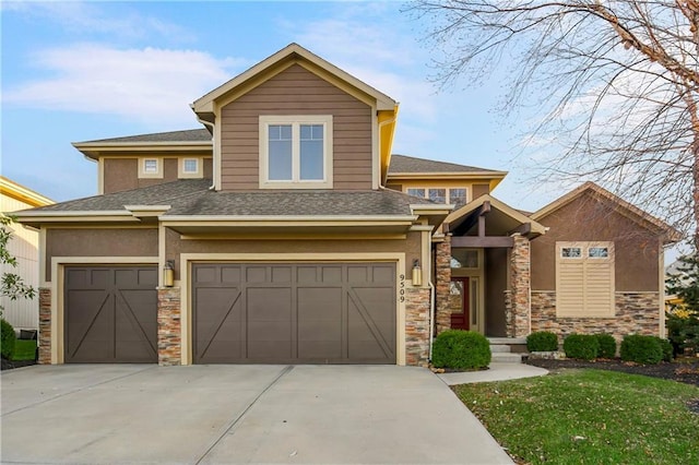 9509 W 164th St, Stilwell, KS 66085 - view of front facade with driveway, roof with shingles, stone siding, and stucco siding