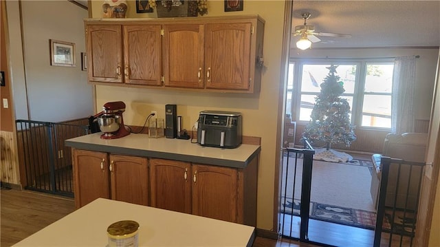 423 Elm St, Mound City, KS 66056 - kitchen featuring a textured ceiling, dark hardwood / wood-style flooring, and ceiling fan