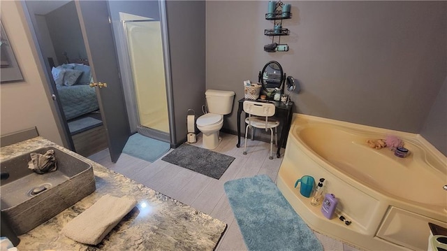 423 Elm St, Mound City, KS 66056 - full bathroom with hardwood / wood-style floors, vanity, shower with separate bathtub, and toilet