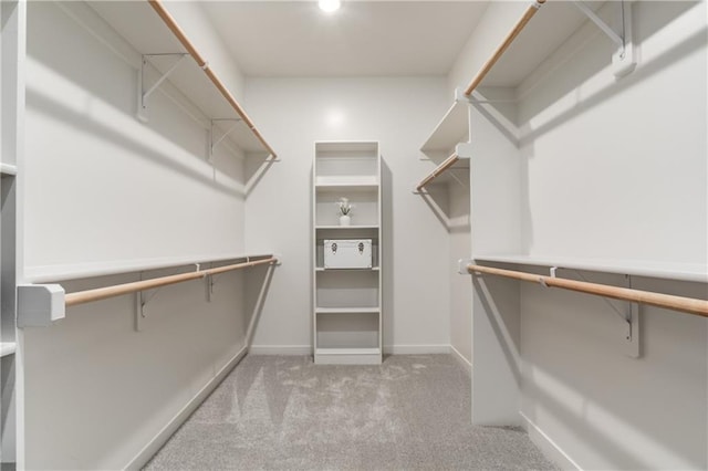 walk in closet with light carpet