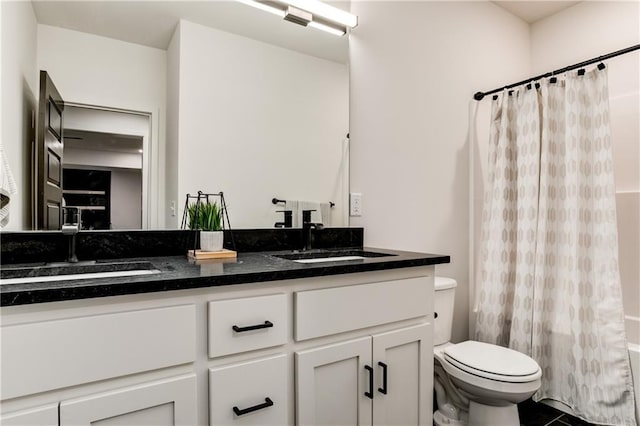 full bathroom with tile patterned flooring, vanity, toilet, and shower / tub combo with curtain