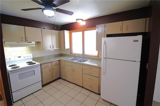 kitchen with ceiling fan, sink, tasteful backsplash, cream cabinets, and white appliances