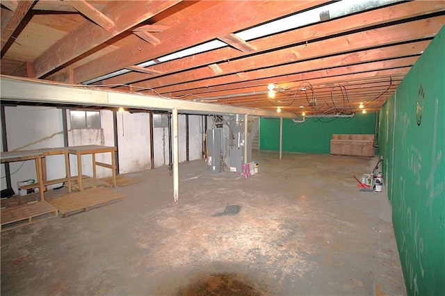 basement with heating unit and water heater