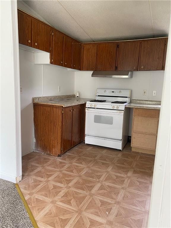 738 Pacific Ave, Osawatomie, KS 66064 - kitchen featuring under cabinet range hood, light countertops, and white gas range