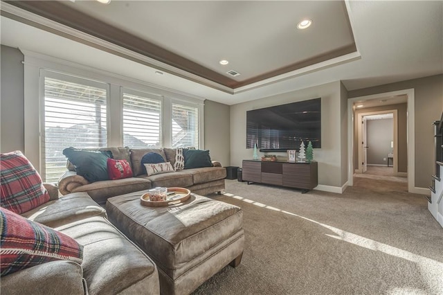 carpeted living room featuring a raised ceiling