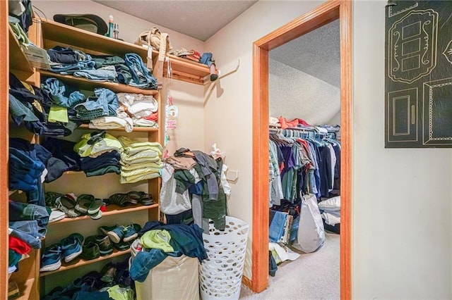 walk in closet featuring carpet flooring