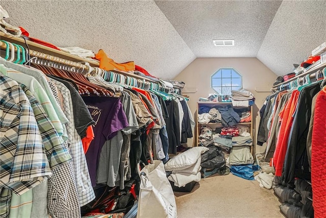 spacious closet featuring carpet floors and lofted ceiling