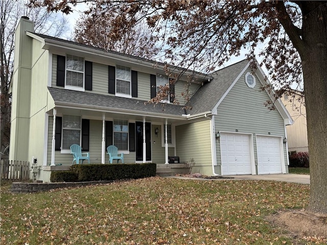 view of property featuring covered porch, a garage, and a front yard