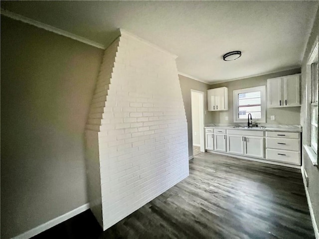 kitchen with white cabinets, dark hardwood / wood-style floors, ornamental molding, and sink